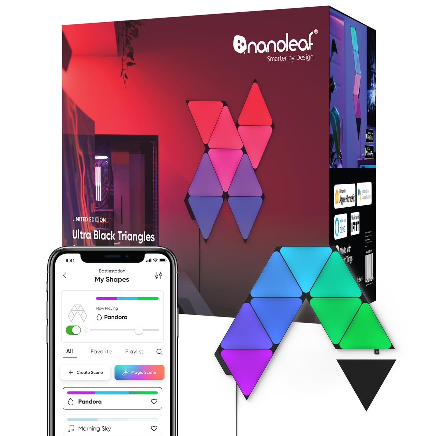 Nanoleaf Shapes Smart RGBW LED Wall Lights, 16M+ Colors, Dimmable, 9 Pack, Black Triangles, Model NL47-0103TW-9PK