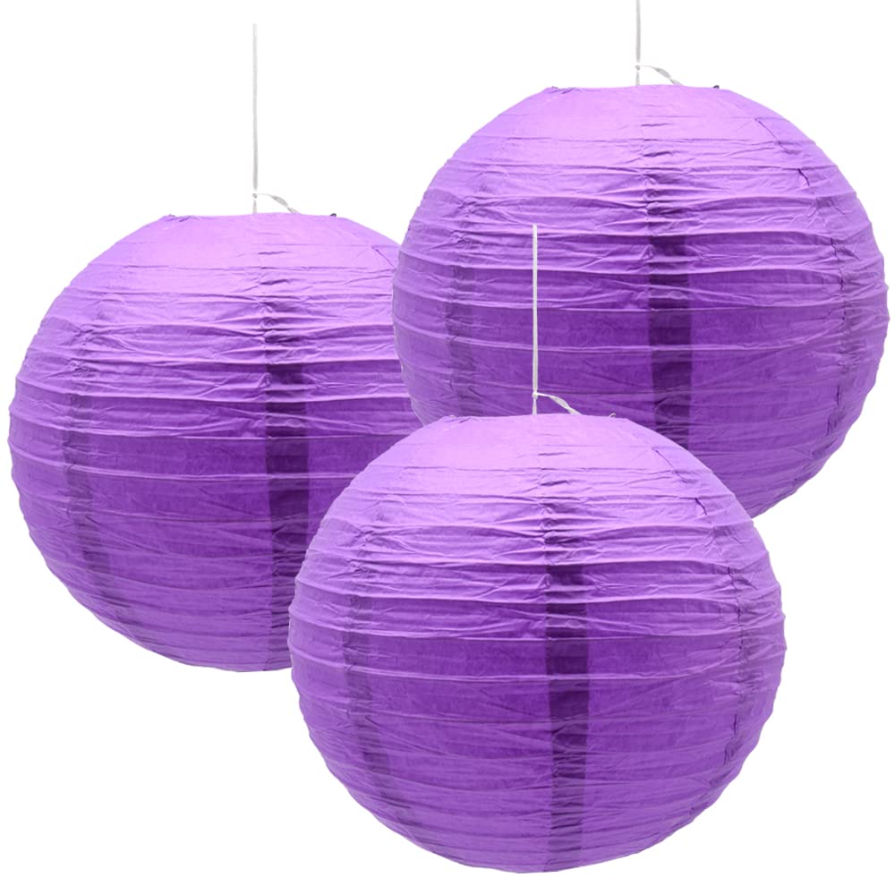 Hocansen Paper Lanterns 3pcs Round Decorative Metal 12in Deep Purple for Birthday Halloween Wedding Baby Shower Party Decor