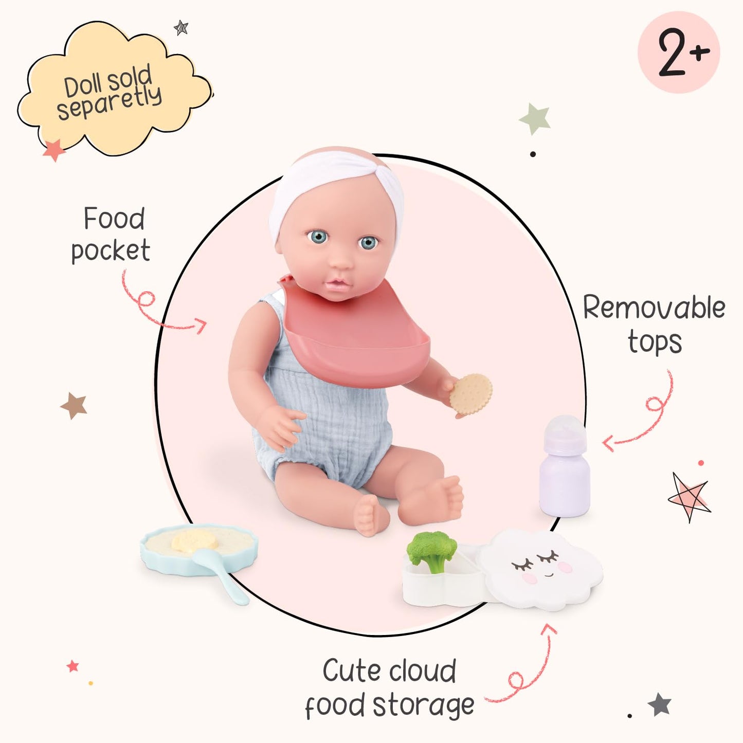 LullaBaby – Pretend Food Set – 10 Pieces Meal Time Accessories – Bib, Spoon & Cloud Food Container – 14-Inch Baby Doll Accessories – Pretend Play 2+ Years– Baby Doll Feeding Set