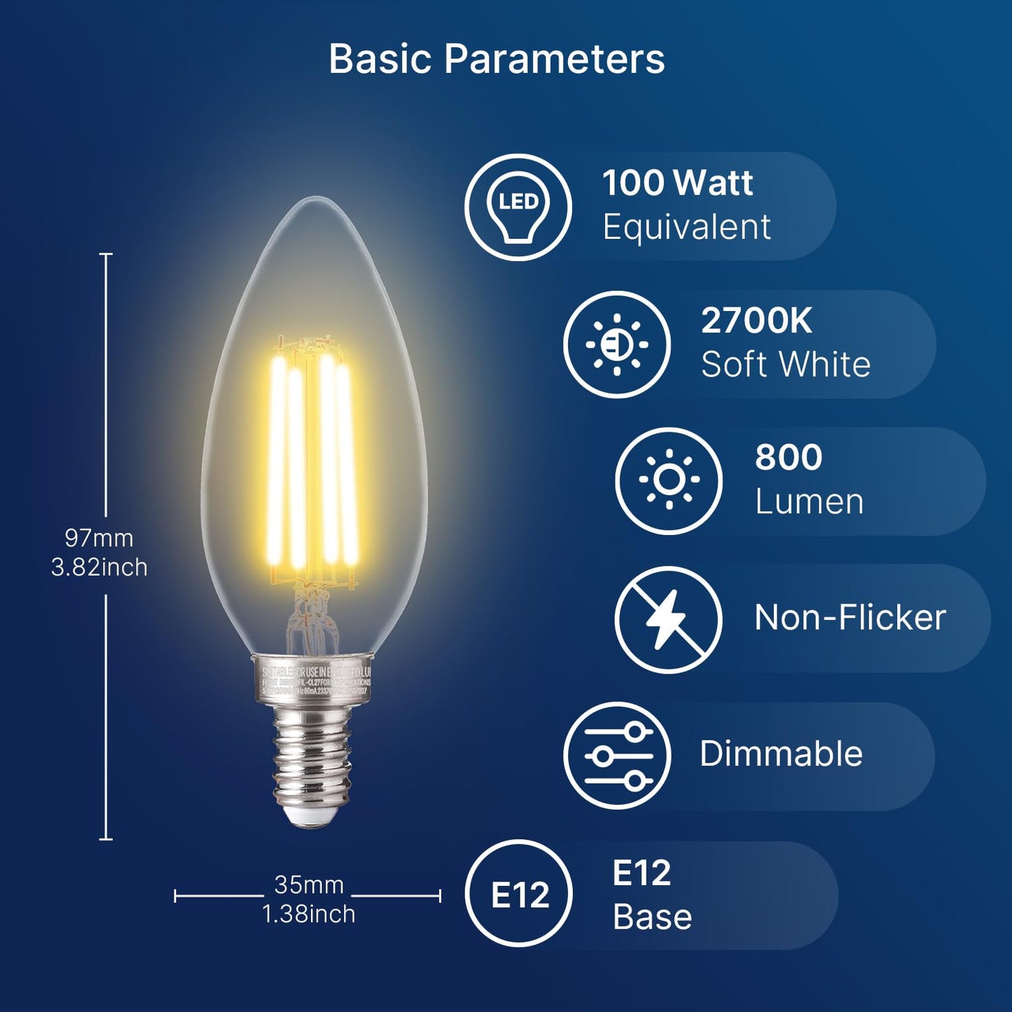 FLSNT 100W Equivalent LED Candelabra Bulbs, 800LM Dimmable B11 E12 LED Chandelier Light Bulbs, 5.5W, 2700K Soft White, 6 Pack