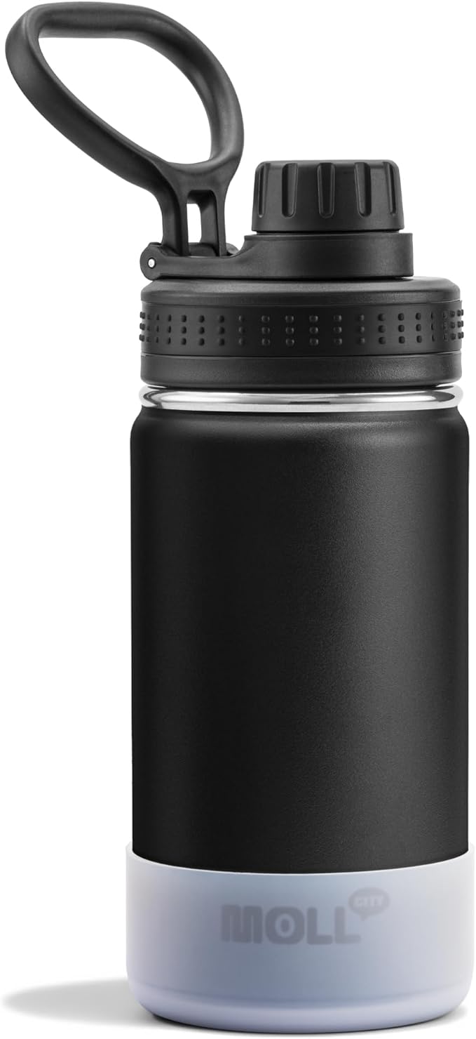 Kids Stainless Steel Water Bottle with Spout Lid-12 oz Vacuum Insulated Wide Mouth Sports Water Bottle for School, BPA Free (Black)