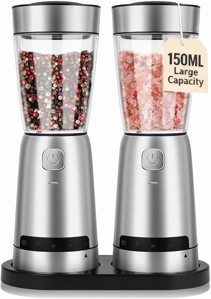 Electric Salt and Pepper Grinder Set, with LED Lights, Stainless Steel Automatic Pepper & Salt Mill with 5 Adjustable Coarseness (Upgraded Larger Capacity 150 ML)