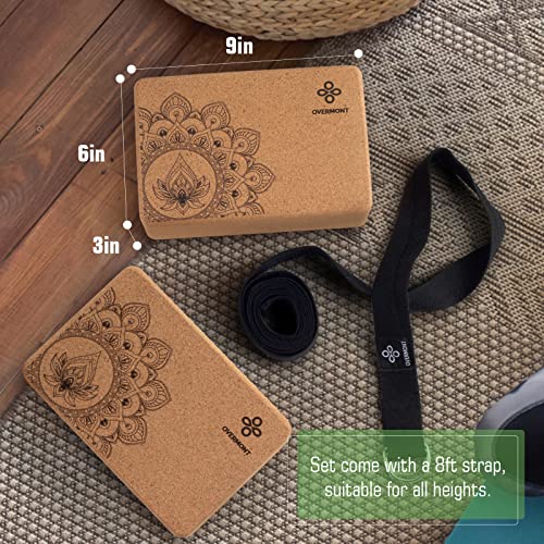 Overmont Cork Yoga Blocks 2 pack with 8ft Strap Natural Cork Bricks- High Density & Eco Friendly Yoga Accessories for Wome...