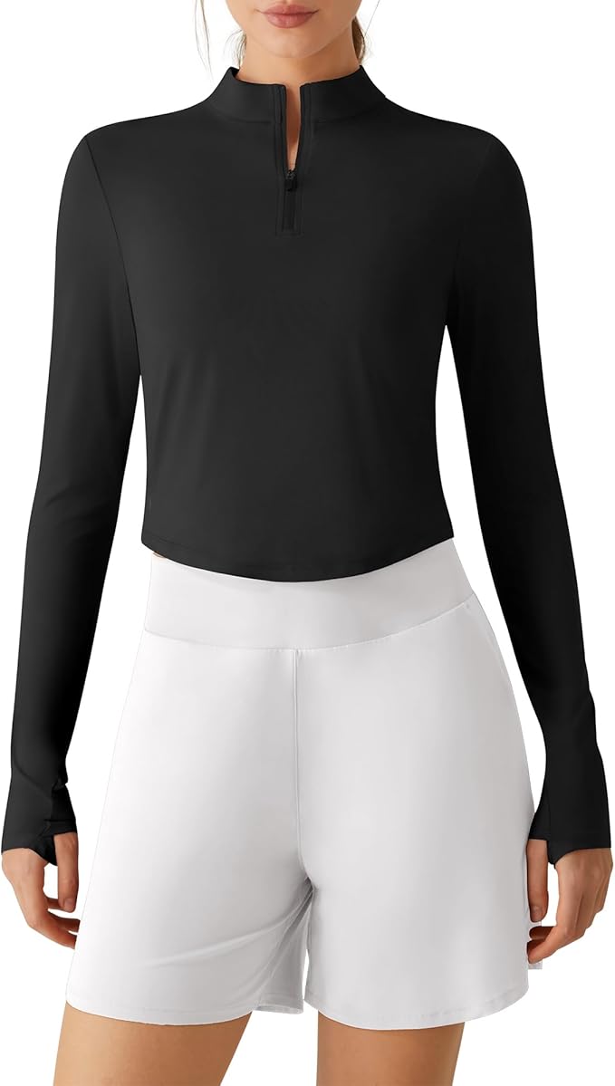 G4Free Lightbreeze Women's UPF 50+ Sun Shirts Long Sleeve Crop Workout Tops Thumbholes Mock Neck Quater Zip Tees Running