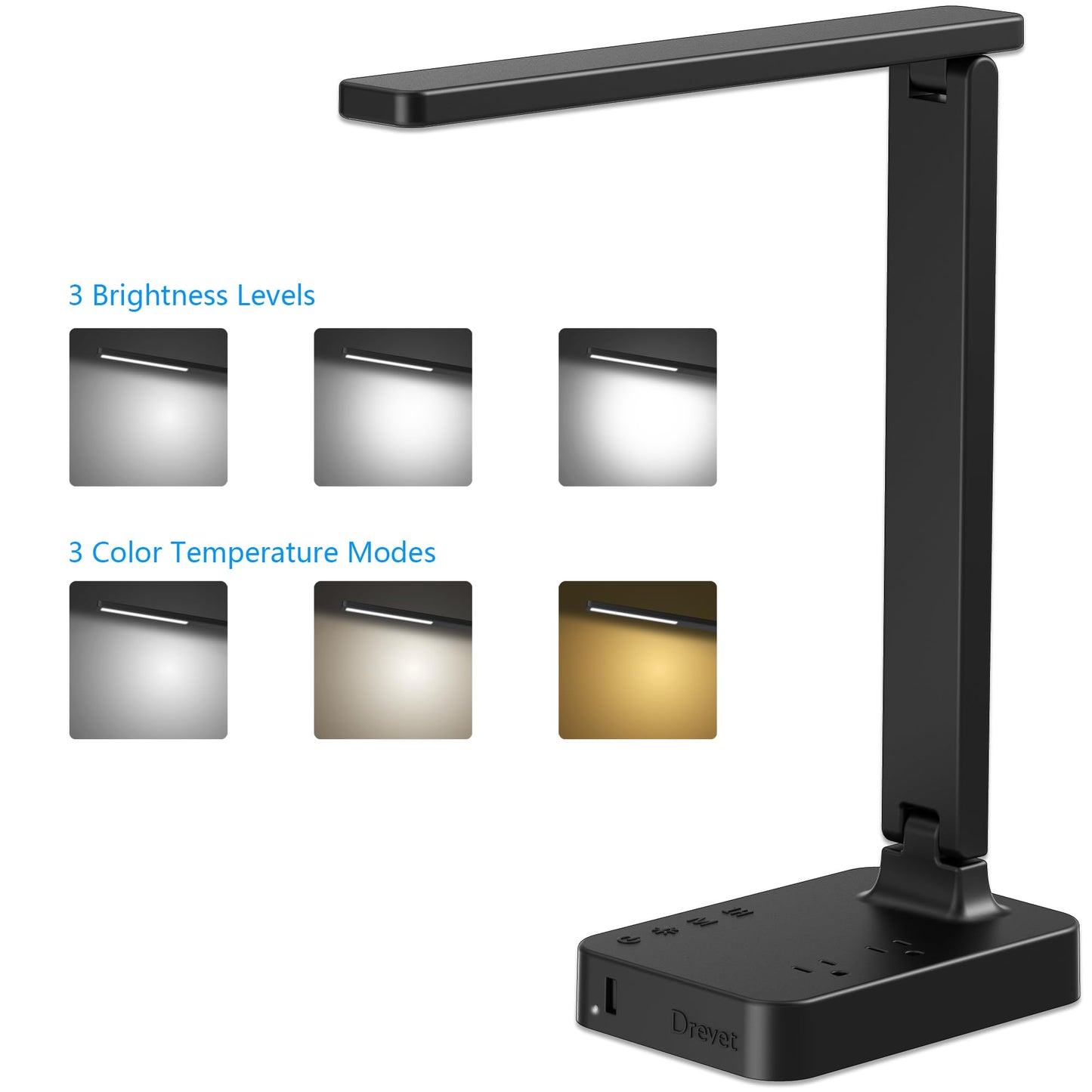 Drevet LED Desk Lamp with USB Charging, 2 AC Outlets, 3 Lighting Modes, Touch Control, Black, Model H04-1U