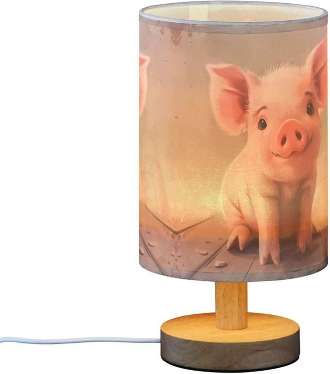 Table Lamp Cute Pink Pig Farm Animal Nightstand Lamp with Wood Base Fabric Lamp Shade Bedside Desk Lamp for Living Room Bedroom Kids Room Office