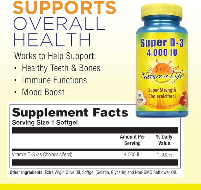Nature's Life Super D-3 4000 IU | High Potency Vitamin D Supplement | May Support Healthy Bones, Teeth & Immune System | 100 Softgels