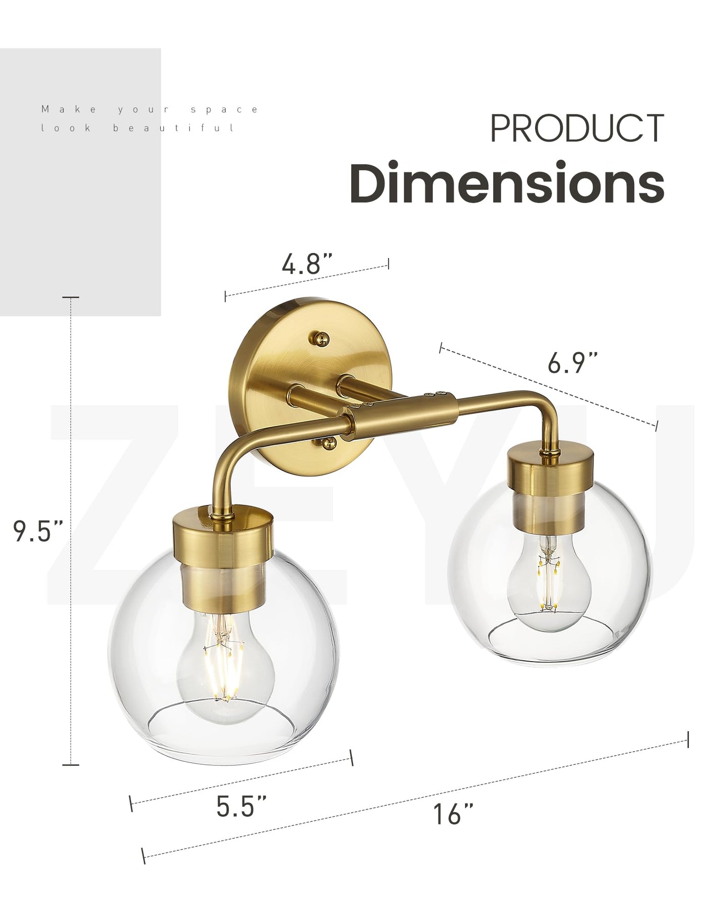Zeyu 16 Inch Wall Sconce Lighting For Bathroom  Gold Bathroom Vanity Light  2-Light Vanity Lights With Clear Glass Globe Glass  Brushed Gold Finish  Zs62Bg-2W Bg