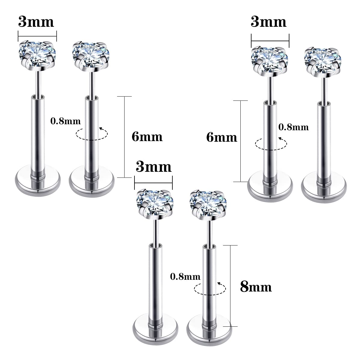 COTATI 20G Flat Back Earrings Stud Threadless Tragus Cartilage Lip Medusa Piercing Jewelry Hypoallergenic (Silver,20G 3/3/3mm CZ