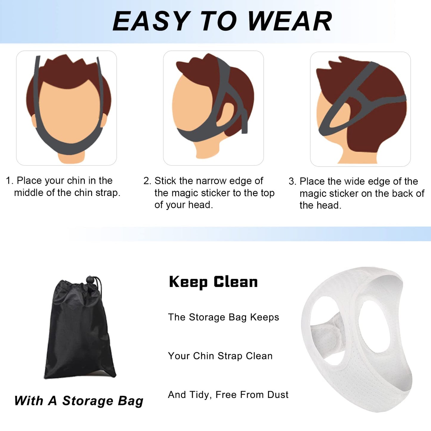 Chin Strap for Cpap Users Anti Snoring Devices - Forzacx Breathable Cpap Chin Strap Snoring Solution, Soft Non-Stick Hair Snore Stopper, Elastic Easy to Wear - White