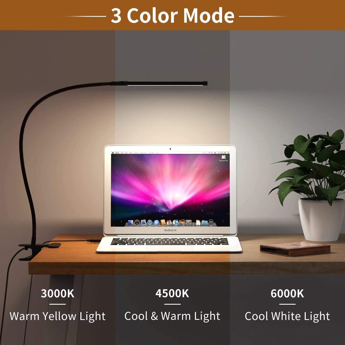 Izell Led Book Light Clip-On – 3 Color Modes, 10 Brightness Levels, Flexible Gooseneck, 15.8 Height, Black, Model Tbl401-Bk
