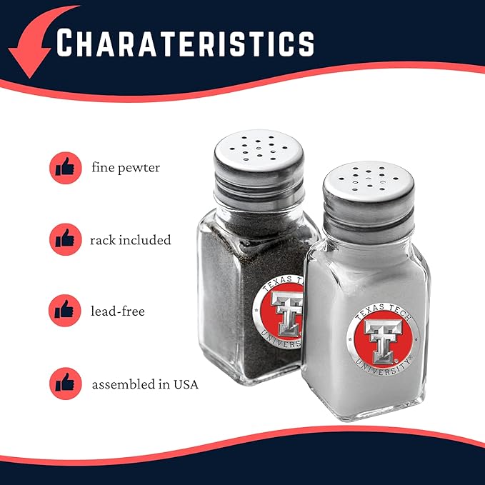 Heritage Pewter Texas Tech University Salt and Pepper Shaker Set of 2 Bottles | Expertly Crafted Pewter Glass