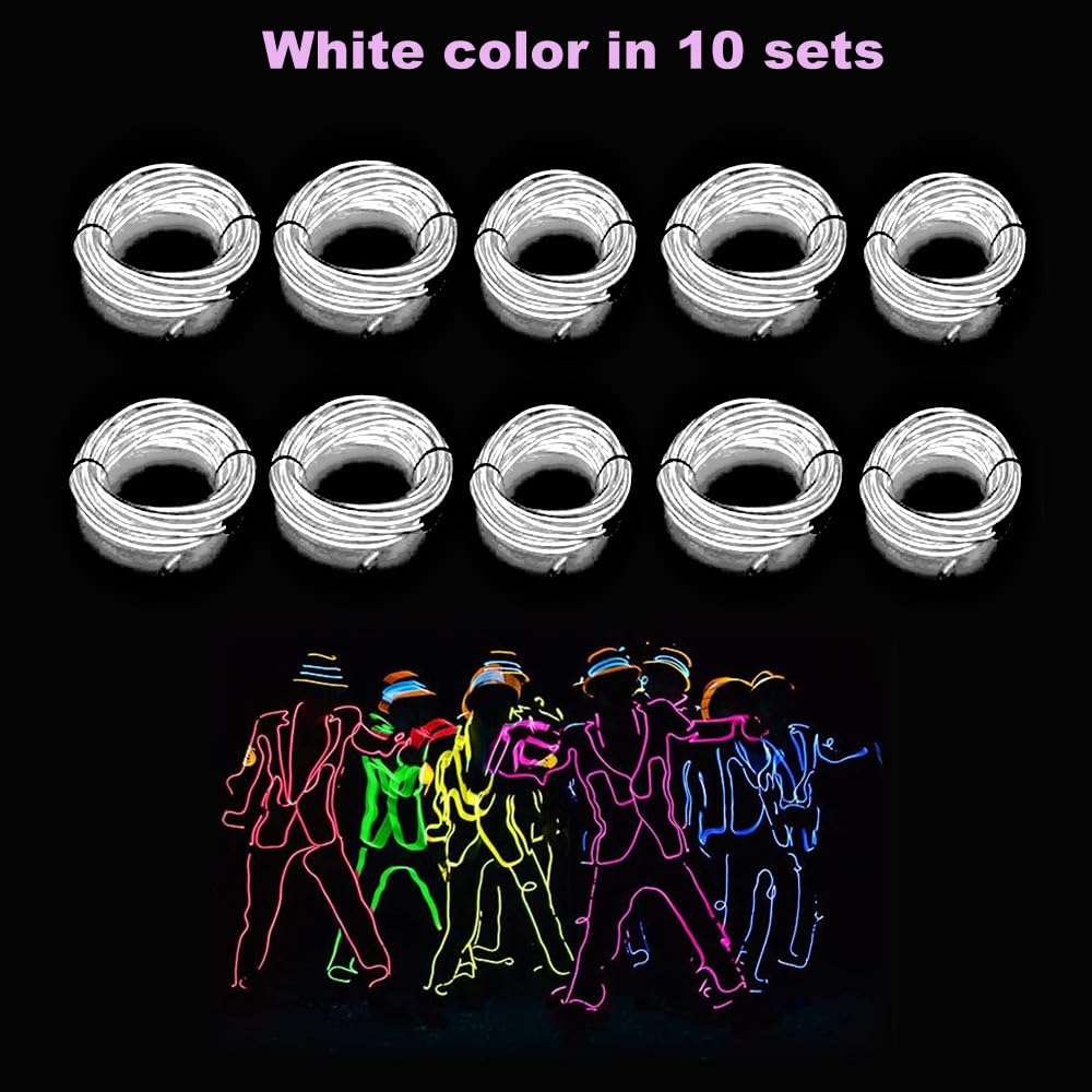 Maxlax El Wire White 10-Pack  16.4Ft/5M Neon Light Wire With Noise Reduction And Battery Pack