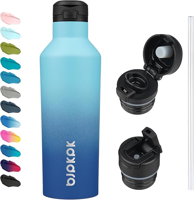 BJPKPK Insulated Water Bottle With Straw 25oz Stainless Steel Water Bottles With 2 Lids And Carry Handle Reusable Travel Metal Thermal Flask,Sky