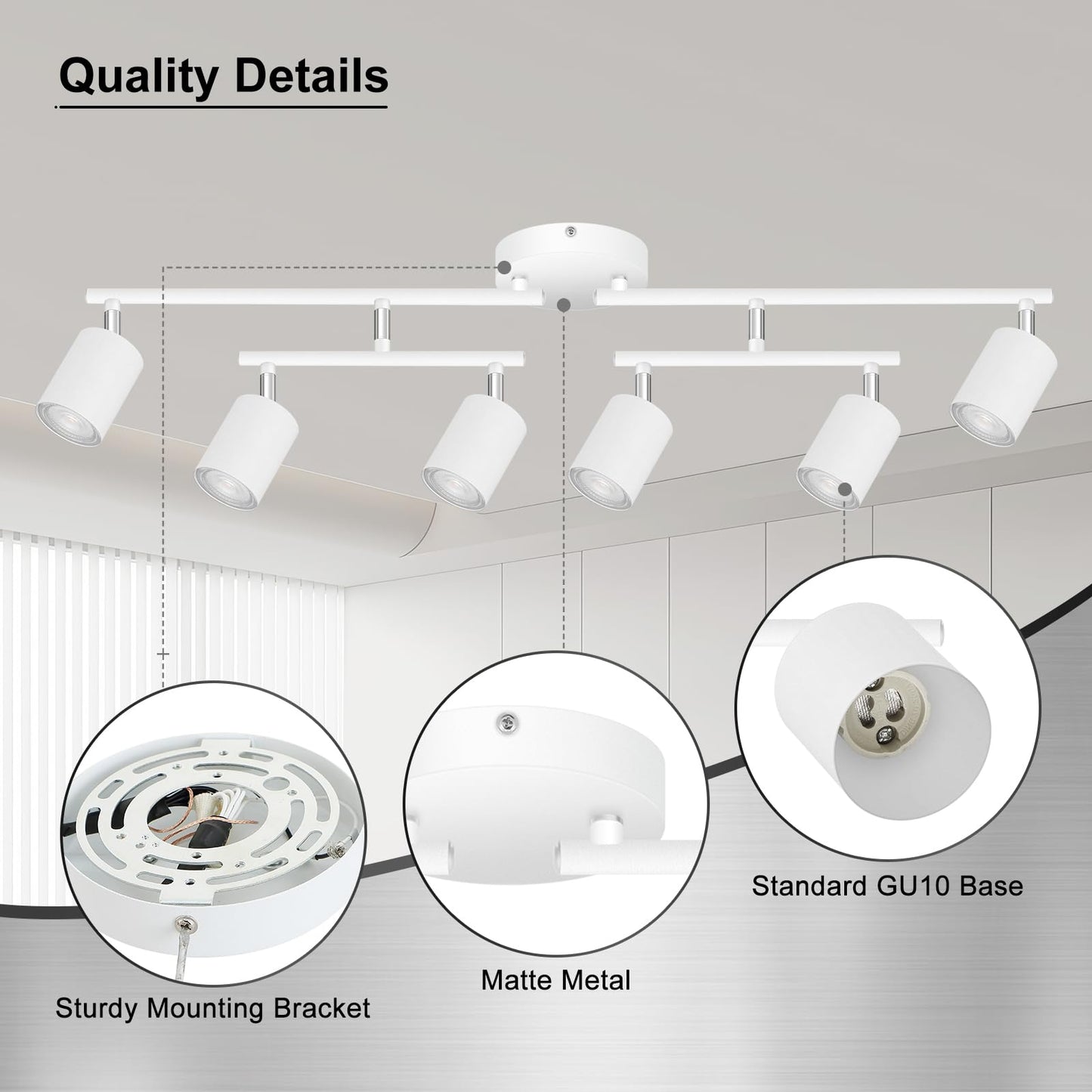 Auquee 6 Light Track Lighting Fixtures Ceiling  Matte White Kichen Track Lighting Fixtures With Rotatable Light Heads  Upgrade Light Poles  Modern Led Spot Lights For Kitchen/Hallway  No Gu10 Bulb
