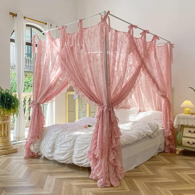 Mengersi Canopy Bed Curtains with Tie Backs,Princess Bed Canopy Curtains Bed Drapes Sheer Curtains for Bedroom Decor（Full,Pink