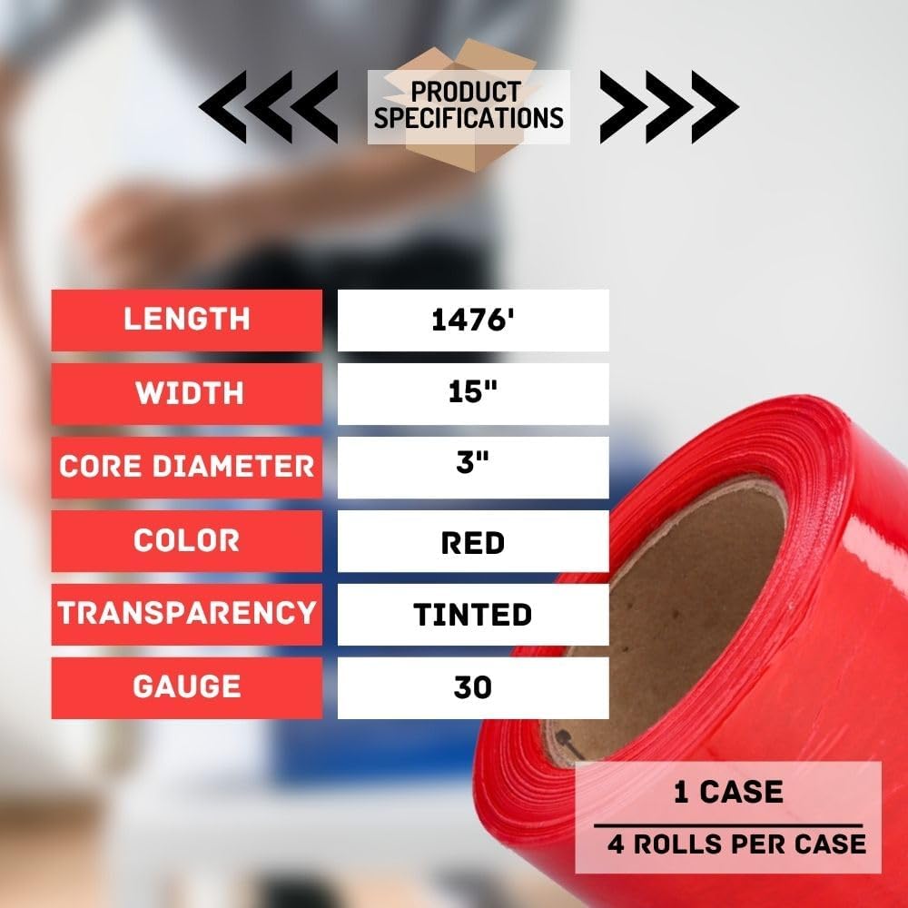 PSBM Red Stretch Wrap, 15 Inch x 1476 Feet, 4 Pack, Tinted Pre-Stretched Shrink Wrap Film for Moving, Packaging, Pallet Wrapping