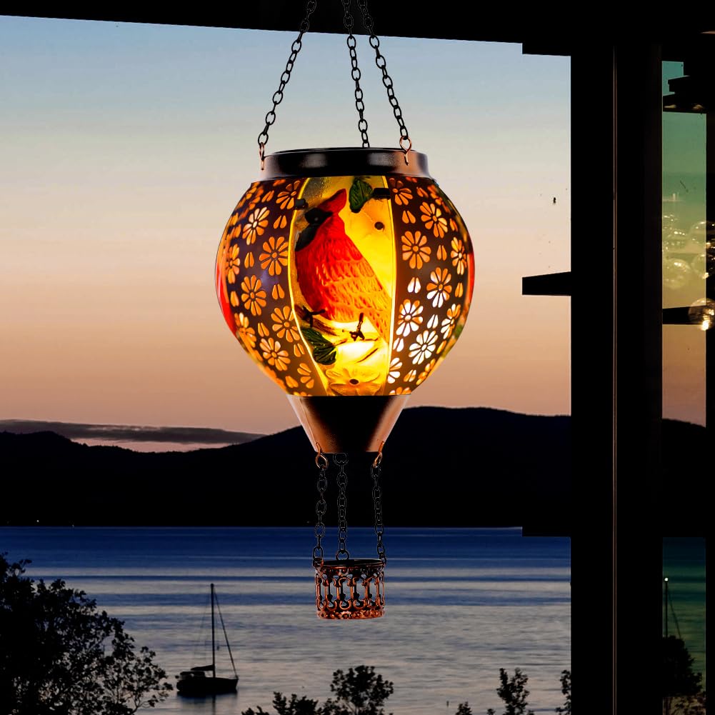 DREAMSOUL Solar Lantern, Metal Hot Air Balloon, Flickering Flame, Waterproof, Red, Model DS