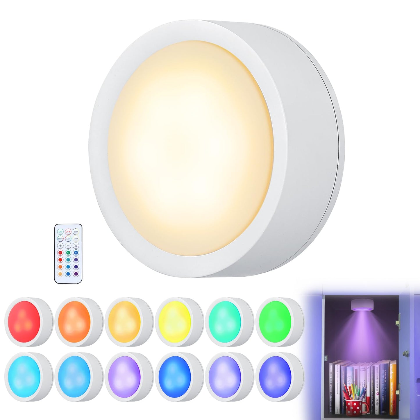 Apipi Magnetic Puck Light for Locker Cabinet- Timer Control Easy On/Off LED Lighting, Multi Colors Changeable and Battery Powere