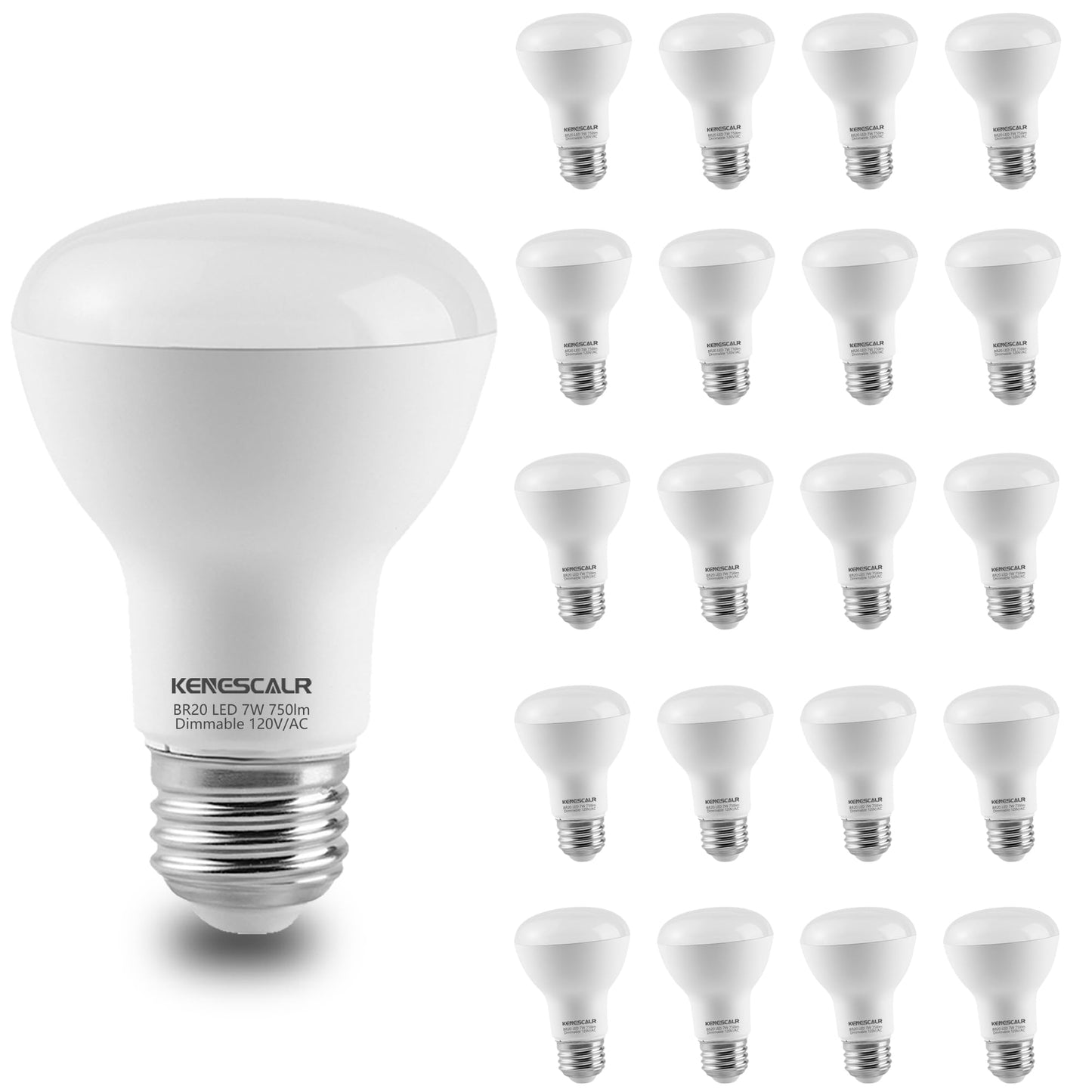 Kenescalr 20-Pack Br20 Led Bulb 5000K Daylight White 7W 50W 60W Equivalent 750Lm Dimmable E26 Base Indoor Flood Light Bulbs For Recessed Can Ceiling Lighting