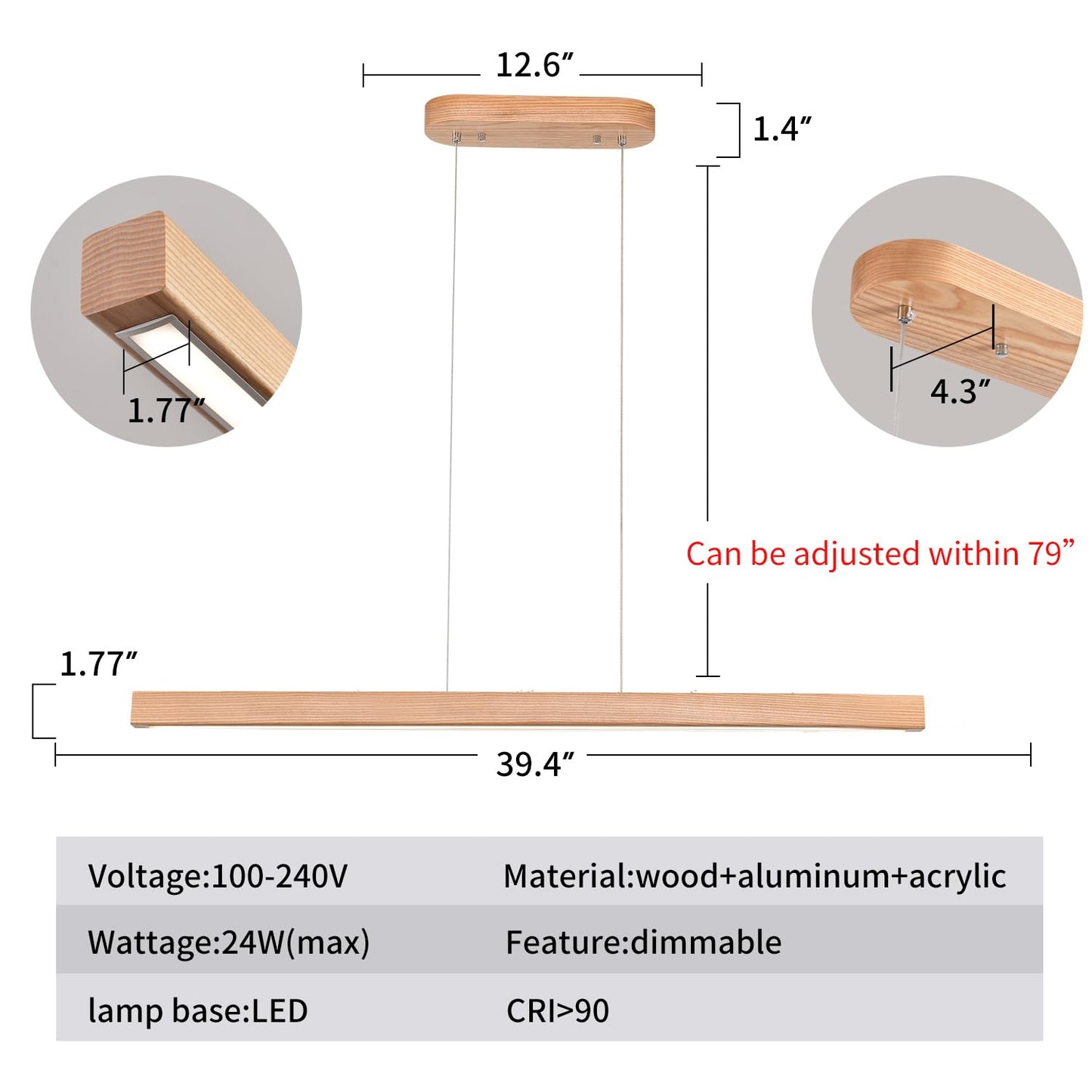 YISDESIGN 39in Wood Linear Pendant Light LED Dimmable Chandelier with Remote Control Natural Finish Model 2024-03