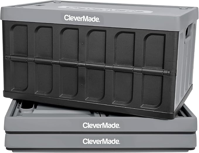 CleverMade Collapsible Storage Bins with Lids - Stone 3 Pack 46L - Plastic Containers Stackable Organization Crates Home Closet Space-Saving Durable