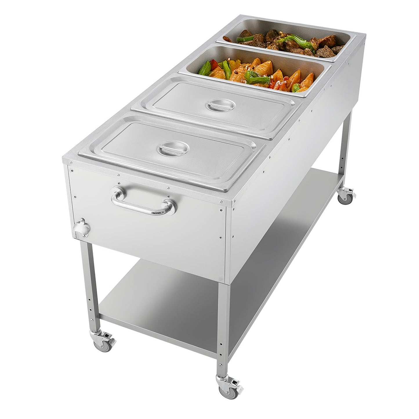 VEVOR 4-Pan Commercial Propane Steam Table, LP Gas Outdoor Soup Warmer with Drain Valve and 3" Wheels, Stainless Steel Propane Food Warmer with Independent Temp Control, for Restaurant Outdoor Camping