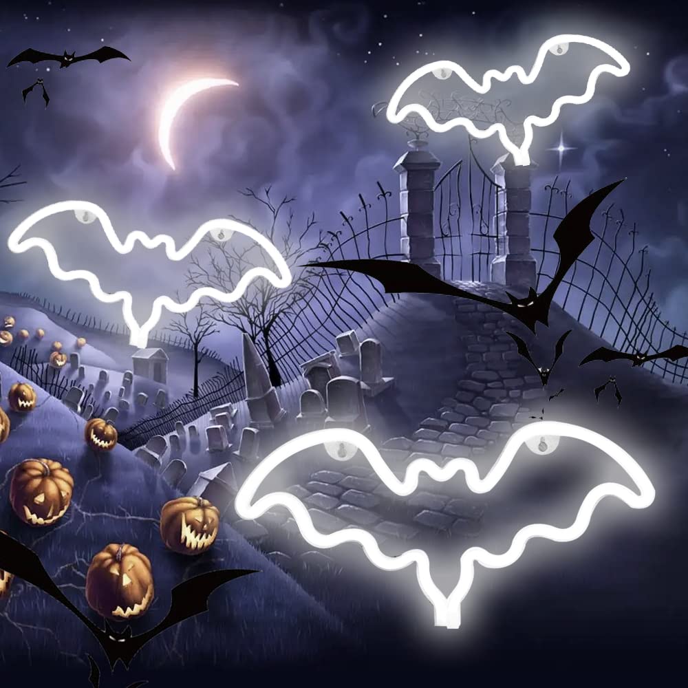 Vicila LED Neon Bat Sign Halloween Night Light, Plastic, 39.4L x 7.1W, White, Model 01, Spooky Wall Decor for Teens and Parties