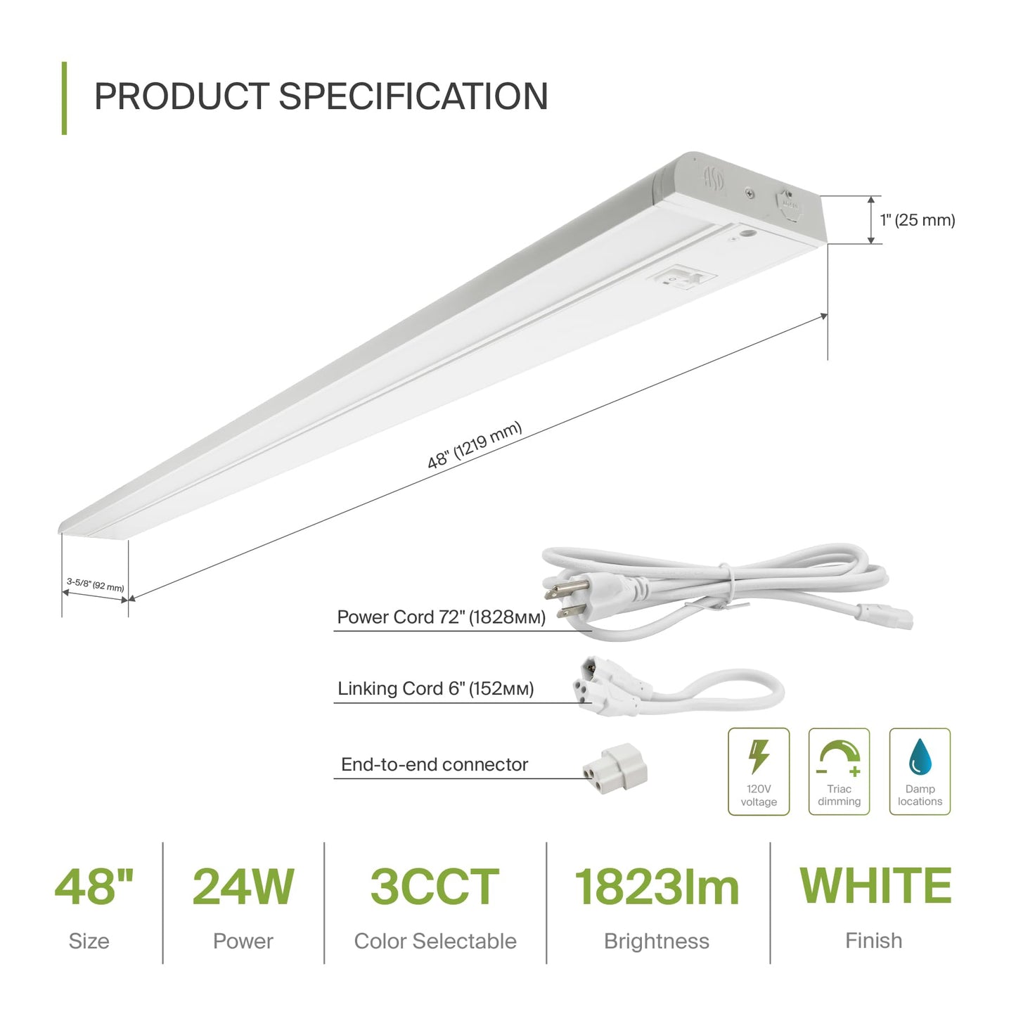Asd Led Under Cabinet Lighting, 48 Inch, Dimmable, Hardwired/Plug-In, 2700K/3000K/4000K, Aluminum Housing, Model A-Ucs