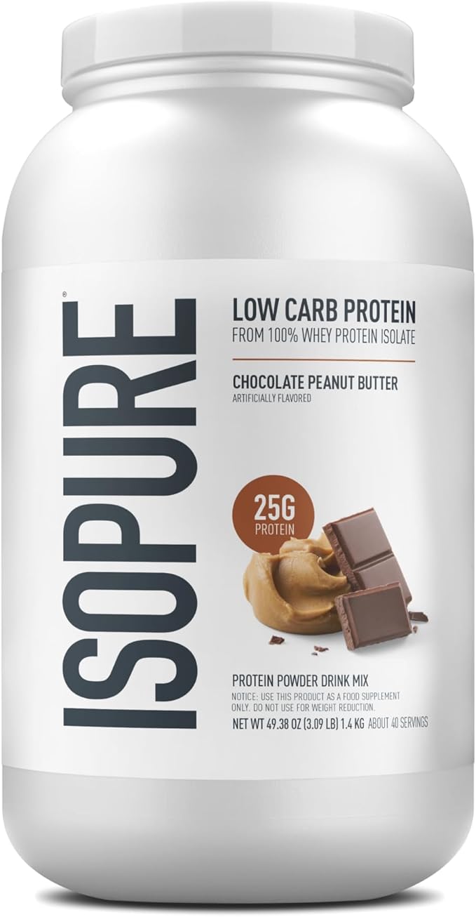 Isopure Low Carb 100% Pure Whey Isolate Protein Powder, Lactose Free, Gluten Free, With Vitamins, Chocolate Peanut Butter, 25g Protein Per Serving, 3 Lbs, 40 Servings