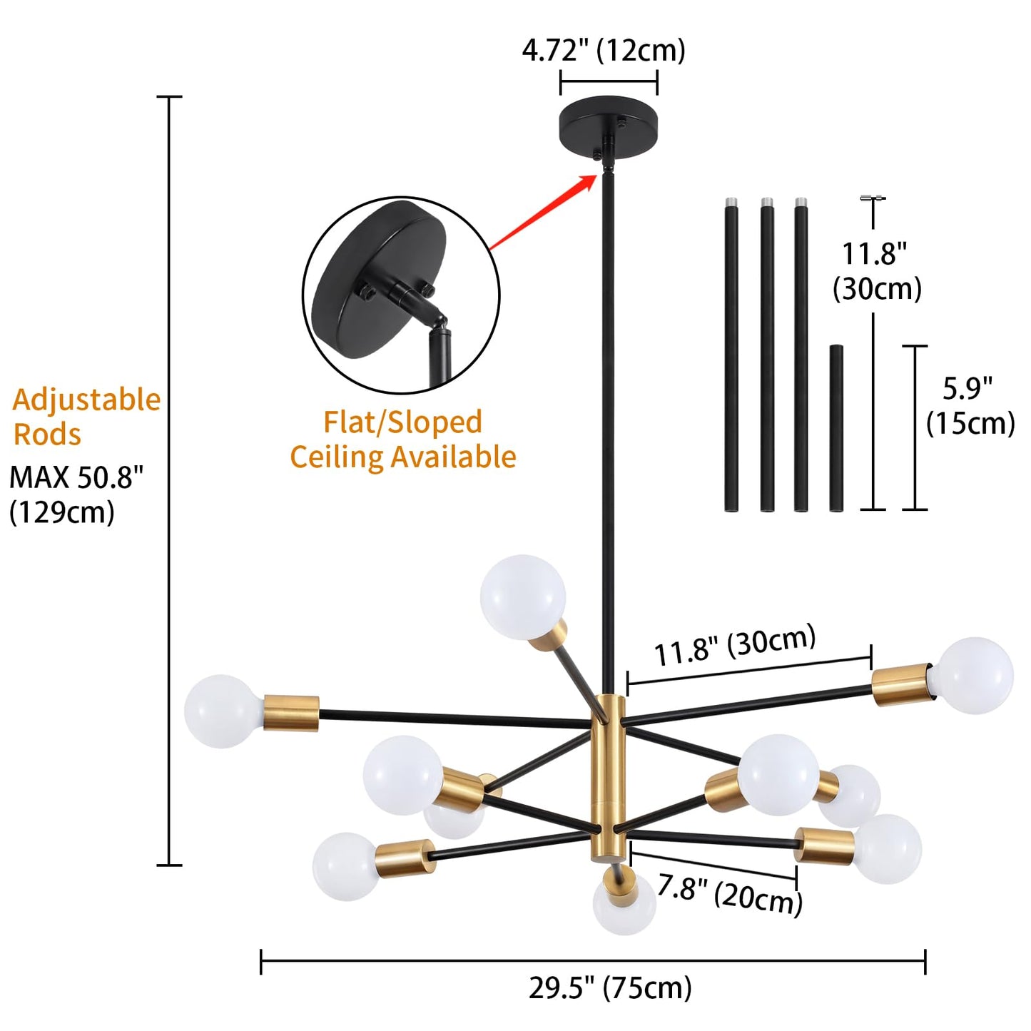 ZSMIHDOH 10-Light Chandelier, Modern Sputnik Light Fixture, Metal, Black & Gold, Model Huazhi-68T