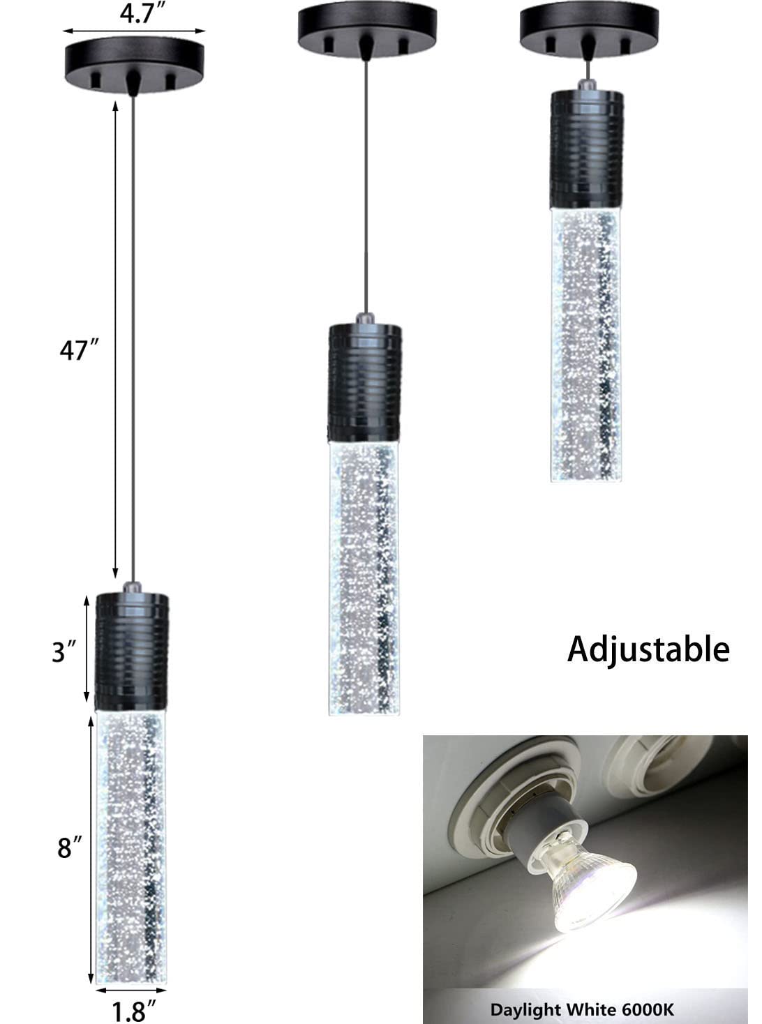 Haixiang Modern Kitchen Island Hanging Light Fixtures Crytstal Pendant Lighting For Kitchen Island Black Mini Chandelier With 6000K Daylight Bulb