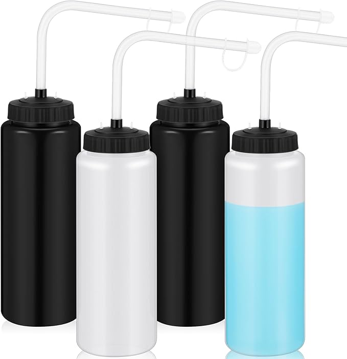 Domensi 4 Pack 1 Liter Sports Water Bottle W/Long Straw Hockey Lacrosse Water Bottle with Straw BPA Free Easy Squeeze Plastic Use W/Sport Helmet in Football Baseball Gym Yoga(Black, Translucent)