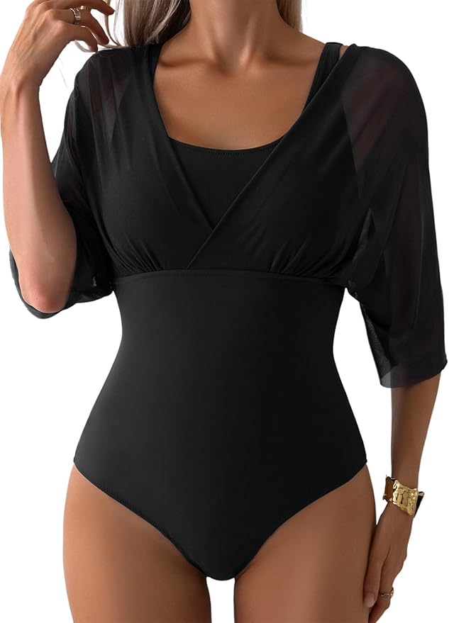 Aleumdr Women's One Piece Swimsuit Modest Tummy Control Bathing Suit V Neck Mesh Sleeve Slimming Swimwear Beachwear