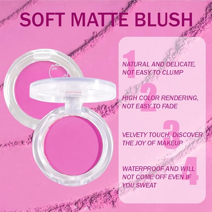 Matte Powder Blush for Cheeks – Long Lasting Natural Face Blusher Makeup, Lightweight Blendable Cheek Color for Women, Vegan & Cruelty-Free – #12 Deep Rose Pink