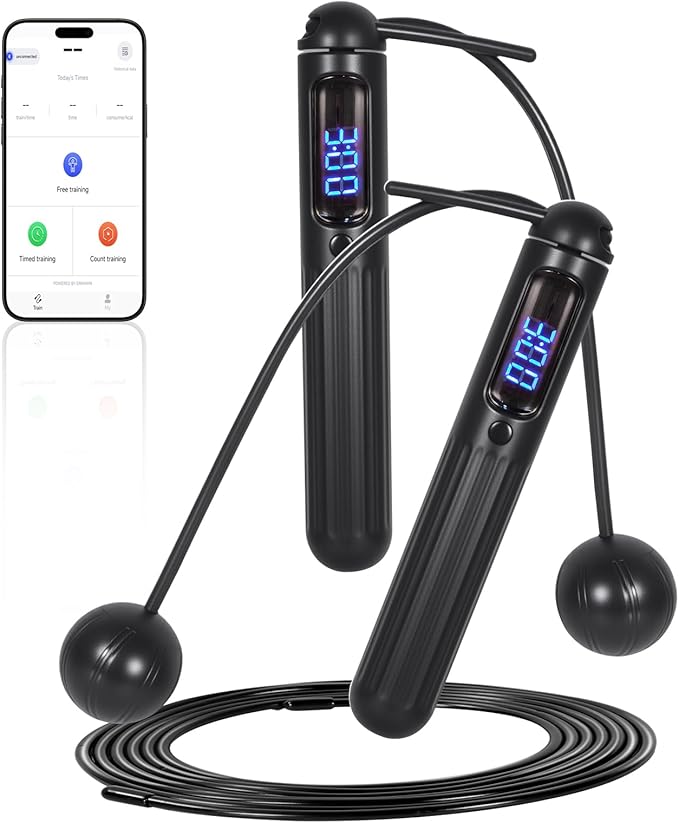 Smart Jump Rope Adjustable Jumping Rope with Weighted Ball Anti Slip Design Wireless Connection LED Display Dual Mode with...