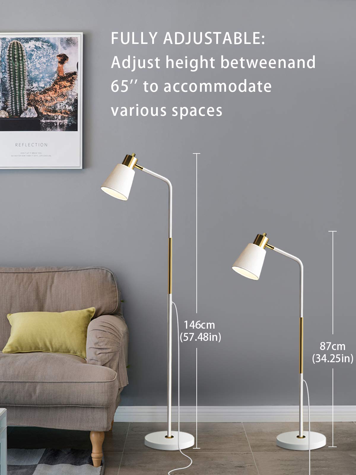 LALISU Industrial Floor Lamp - Adjustable Metal Heads, Rustic Farmhouse Style, White, Task Lighting for Living Room & Bedroom