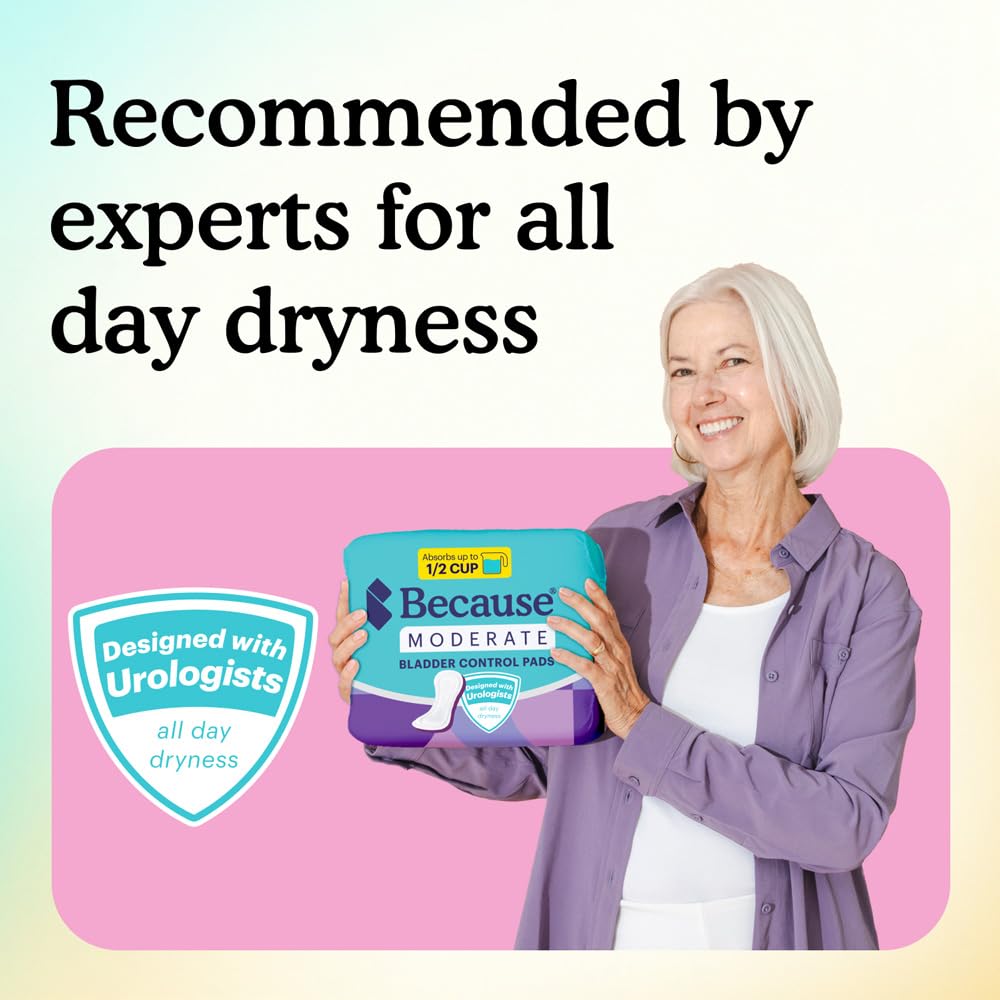 Because Incontinence Pads for Women – Moderate Absorbency for Light Daily Leaks, Slim & Comfortable Liners, Individually Wrapped, 120 Count, New Version