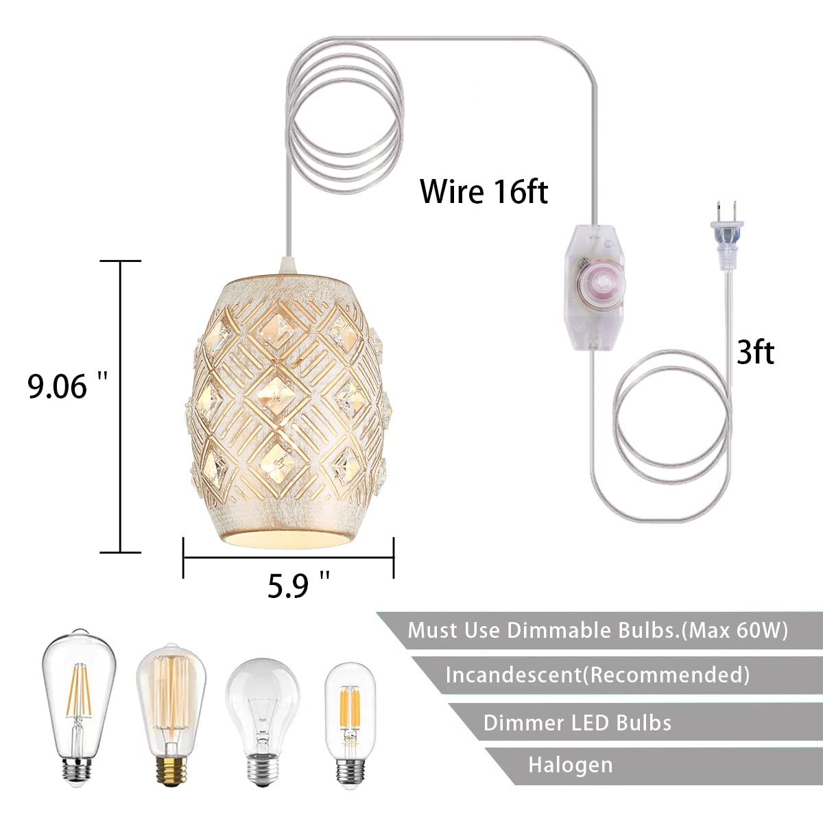 YLONG-ZS Boho Pendant Light with Dimmable 16 FT Cord, White Metal, Model YL22-White-1