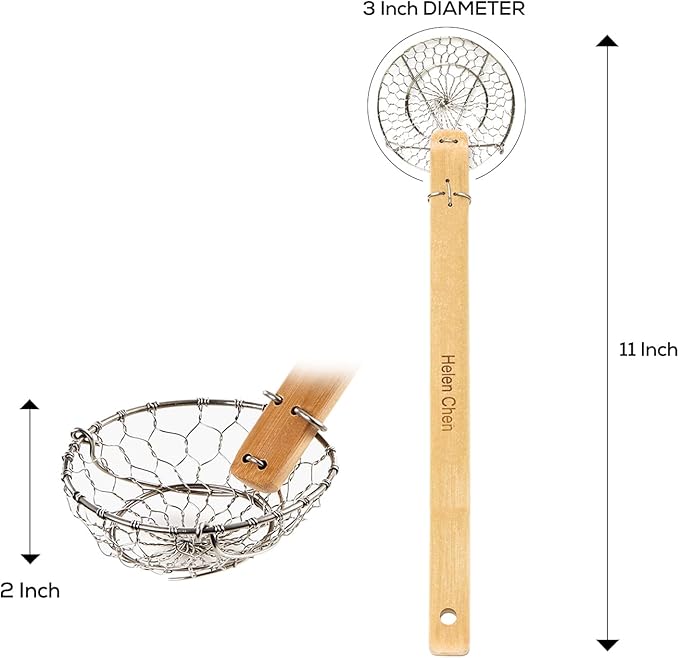 Helen’s Asian Kitchen Spider Strainer | 3-Inch Stainless Steel Basket with Sustainable Bamboo Handle for Cooking and Straining, Set of 2