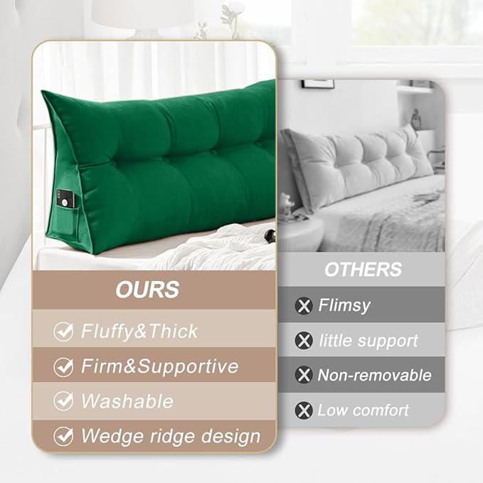 Large Triangular Headboard Pillows Long Backrest Positioning Support Bolster Cushion for Daybed Fluffy Quality Plush Body Wedge Pillow with Removable Cover(Dark green-King-76x8x20in)