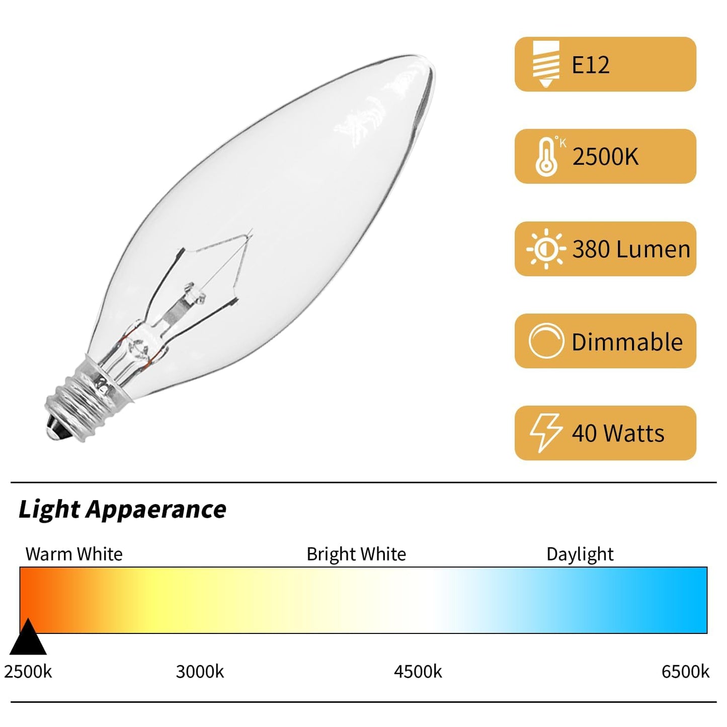 CYLYT 12-Pack E12 Candelabra Light Bulbs 40W Warm White 2500K, 380 Lumen Chandelier Light Bulb for Ceiling Fan, Indoor or Outdoor, B10 Clear Incandescent Candle Bulbs, Dimmable