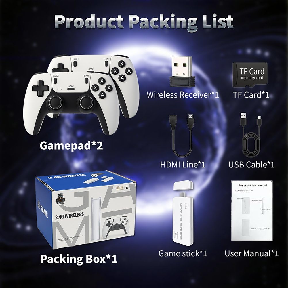 Retro Game Console Stick 2025, 4K HDMI Plug & Play with 20,000+ Classic Games, 64GB Game Stick with 2 Wireless Controllers, Supports 18 Emulators for TV Gaming