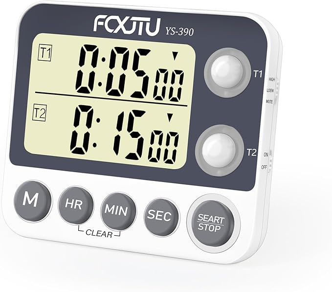 Digital Dual Kitchen Timer with Magnetic Back & Memory Presets, 2 Groups Countdown/Up Stopwatch Timer, 3-Level Volume + LED Alert, On/Off, 100Hr Max for Cooking, Baking (Battery Included)