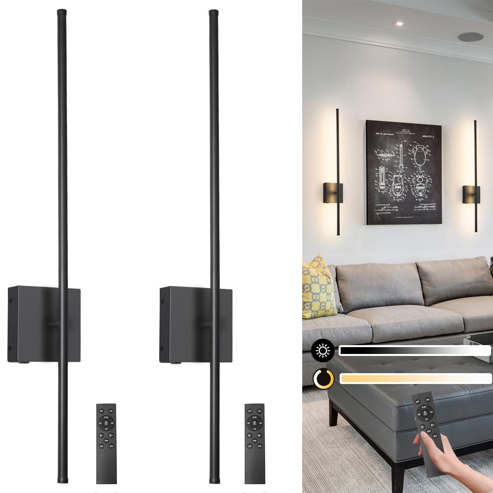 Ditoon Battery Operated Wall Sconce Set of 2, Dimmable LED Lighting, 31.6in, Black, USB Rechargeable with Remote Control