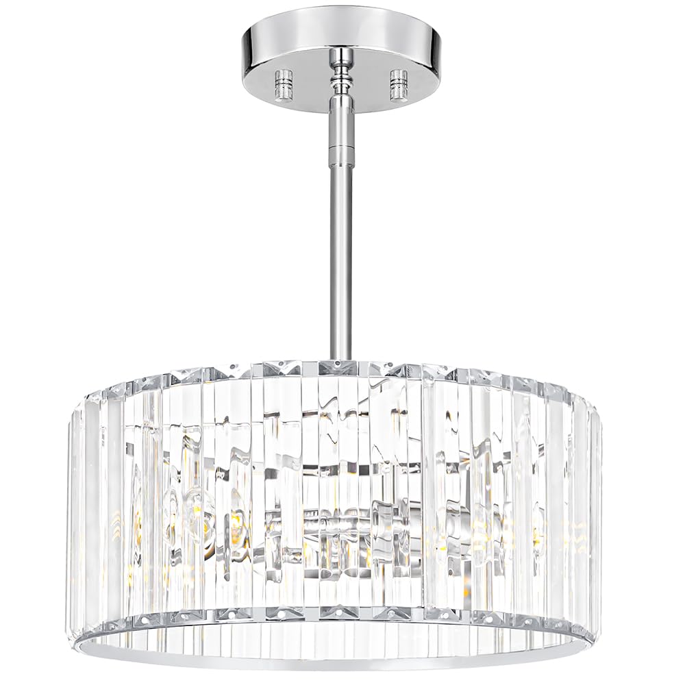 Modern Crystal Chandelier For Dining Room  Chrome Semi Flush Mount Ceiling Light Fixtures  Round Kitchen Hanging Drum Pendant Lights Ceiling  12?Crystal Pendant Lighting For Foyer Bedroom Living Room