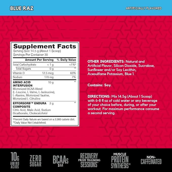 BSN Amino X Muscle Recovery & Endurance Powder with BCAAs, 10 Grams of Amino Acids, Keto Friendly, Caffeine Free, Flavor: Blue Raspberry, 30 servings (Packaging may vary)