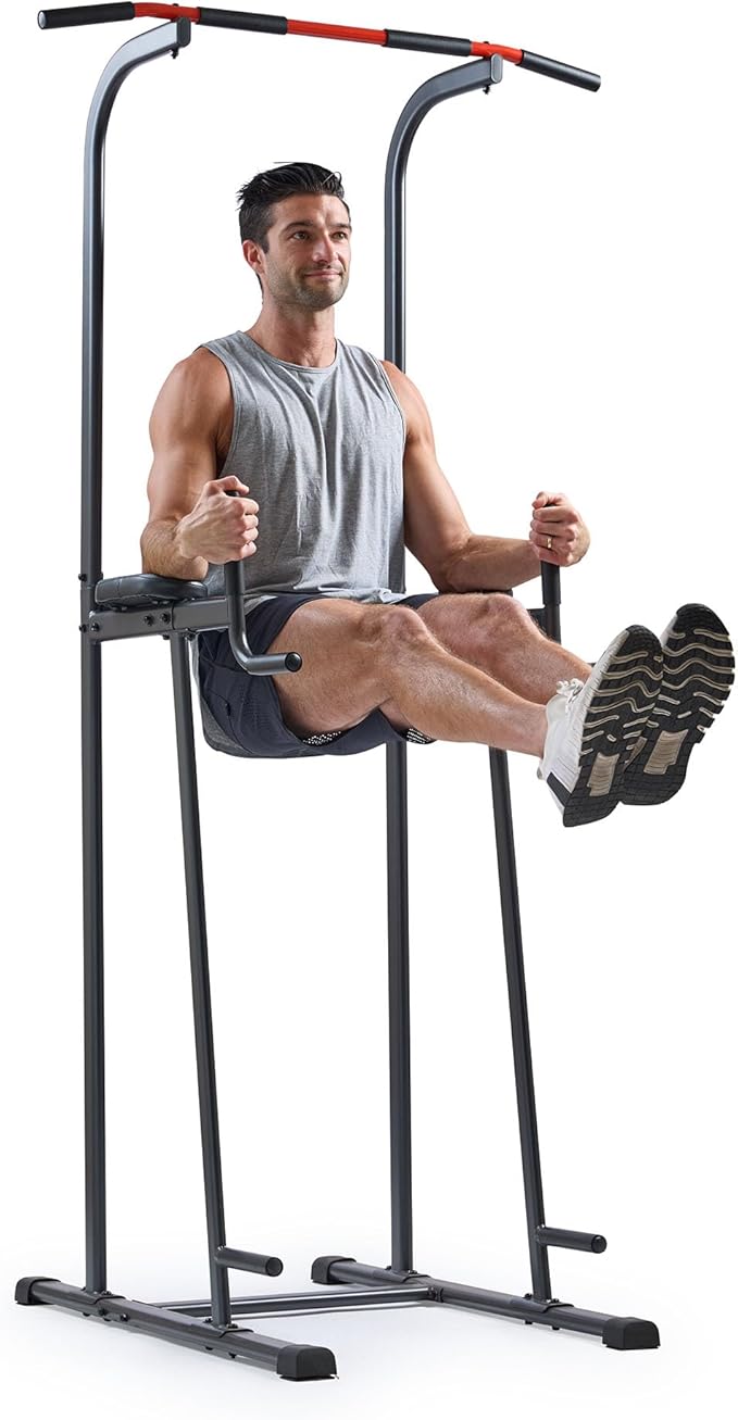 Sunny Health & Fitness Power Tower, Dip Bar, Push-Up & Pull Up Assisting Parallette Station w Optional Rock Climbing Grip ...