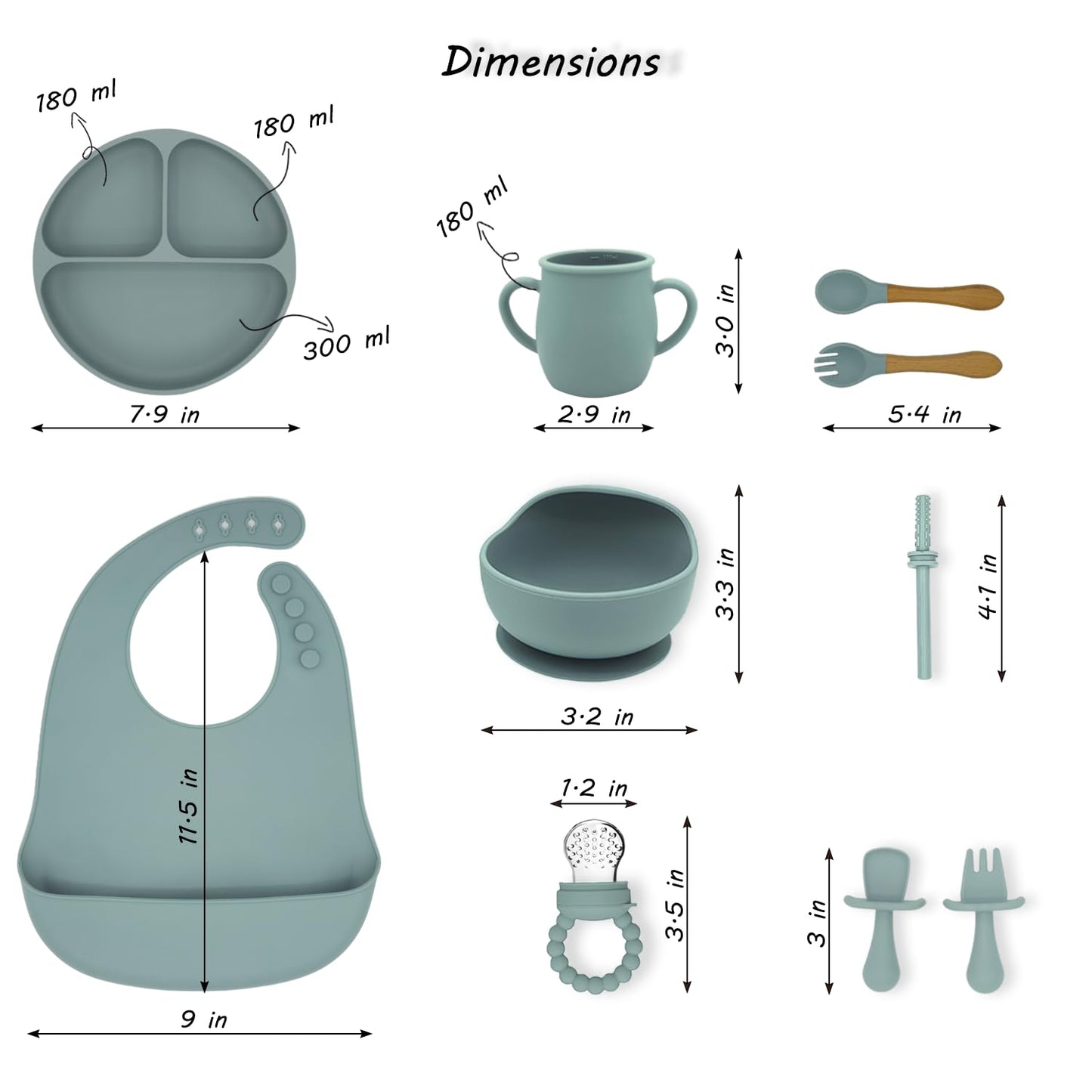 kitchengoodsdude Baby Silicone Feeding Set, 16 PCS, Toddler Led Weaning Utensils Sets with Suction Bowl and Plate, Set of Baby Spoons and Forks, Adjustable Bid, Sippy Cup with Straw and Lids Seal Gray