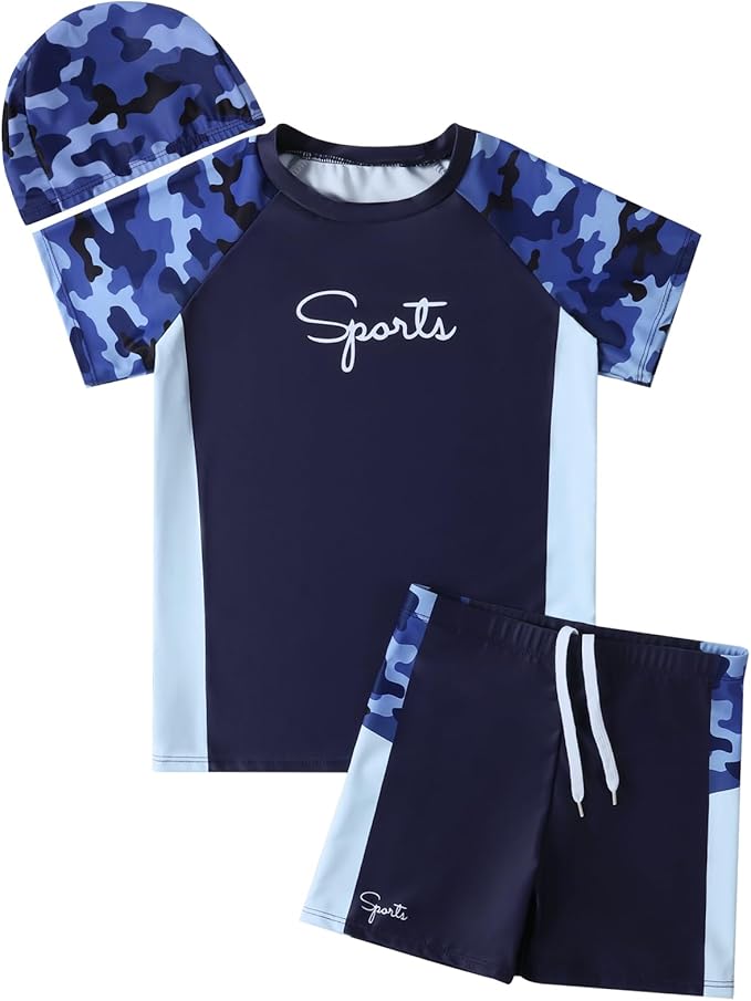 Hotfiary Boys Rash Guard Swimsuits Set Two Piece Short Sleeve Swim Shirts with Trunks Quick Dry Bathing Suit Swimwear 8-15 Y